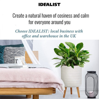 IDEALIST™ (Dia) 26cm White Reinforced Stone Flower Pot, Plaited Cylinder Planter on Wooden Legs, Indoor Plant Pot D26 H46 cm, 17L