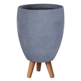 IDEALIST™ (Dia) 27cm Grey Reinforced Stone Flower Pot, Striped Round Planter on Wooden Legs, Indoor Plant Pot D27 H43 cm, 15L