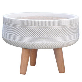 IDEALIST™ (Dia) 29cm White Reinforced Stone Flower Pot, Striped Bowl Planter on Wooden Legs, Indoor Plant Pot D29 H22 cm, 5L