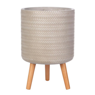 IDEALIST™ (Dia) 30 cm Beige Reinforced Stone Flower Pot, Plaited Cylinder Planter on Wooden Legs, Indoor Plant Pot D30 H46 cm, 17L