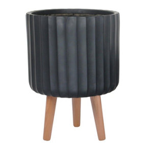 IDEALIST™ (Dia) 30cm Black Reinforced Stone Flower Pot, Fluted Cylinder Planter on Wooden Legs, Indoor Plant Pot D30 H41 cm, 14L