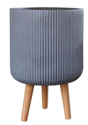 IDEALIST™ (Dia) 30cm Grey Reinforced Stone Flower Pot, Fluted Cylinder Planter on Legs, Indoor Plant Pot D30 H46 cm, 18L