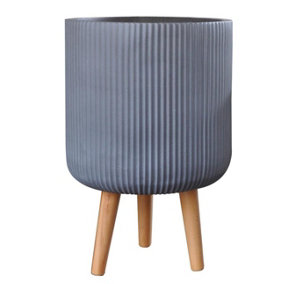 IDEALIST™ (Dia) 30cm Grey Reinforced Stone Flower Pot, Fluted Cylinder Planter on Legs, Indoor Plant Pot D30 H46 cm, 18L