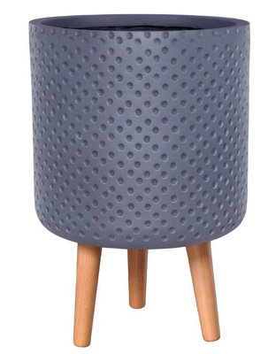 IDEALIST™ (Dia) 30cm Grey Reinforced Stone Flower Pot, Polka Dot Round Planter on Wooden Legs, Indoor Plant Pot D30 H46 cm, 17L