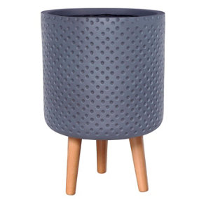 IDEALIST™ (Dia) 30cm Grey Reinforced Stone Flower Pot, Polka Dot Round Planter on Wooden Legs, Indoor Plant Pot D30 H46 cm, 17L