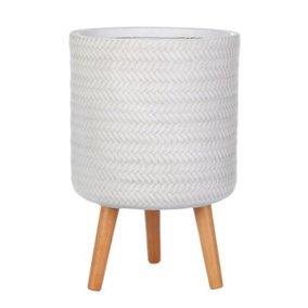 IDEALIST™ (Dia) 30cm White Reinforced Stone Flower Pot, Plaited Cylinder Planter on Wooden Legs, Indoor Plant Pot D30 H46 cm, 17L