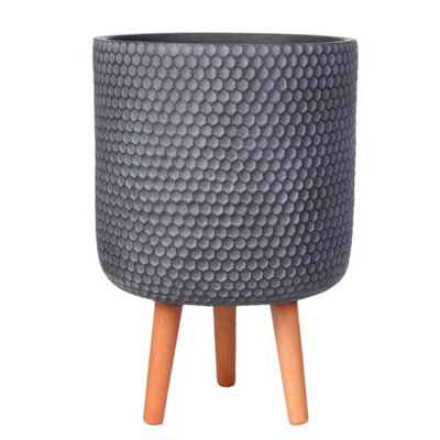 IDEALIST™ (Dia) 31cm Grey Reinforced Stone Flower Pot, Round Planter on Wooden Legs, Indoor Plant Pot for Plants D31 H47 cm, 19L