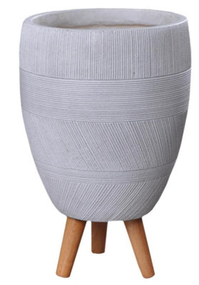 IDEALIST™ (Dia) 35cm White Reinforced Stone Flower Pot, Striped Round Planter on Wooden Legs, Indoor Plant Pot D35 H52 cm, 35L