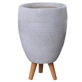 IDEALIST™ (Dia) 35cm White Reinforced Stone Flower Pot, Striped Round Planter on Wooden Legs, Indoor Plant Pot D35 H52 cm, 35L