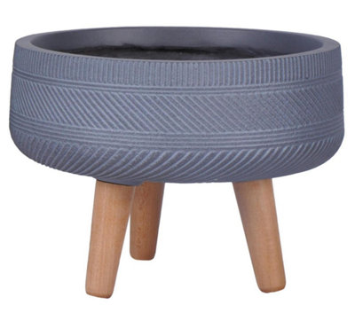 IDEALIST™ (Dia) 40cm Grey Reinforced Stone Flower Pot, Striped Bowl Planter on Wooden Legs, Large Indoor Plant Pot D40 H28 cm, 22L