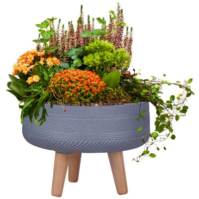 IDEALIST™ (Dia) 40cm Grey Reinforced Stone Flower Pot, Striped Bowl Planter on Wooden Legs, Large Indoor Plant Pot D40 H28 cm, 22L