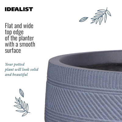 IDEALIST™ (Dia) 40cm Grey Reinforced Stone Flower Pot, Striped Bowl Planter on Wooden Legs, Large Indoor Plant Pot D40 H28 cm, 22L