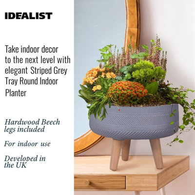 IDEALIST™ (Dia) 40cm Grey Reinforced Stone Flower Pot, Striped Bowl Planter on Wooden Legs, Large Indoor Plant Pot D40 H28 cm, 22L