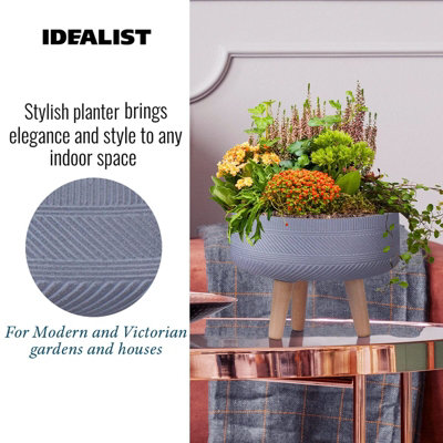 IDEALIST™ (Dia) 40cm Grey Reinforced Stone Flower Pot, Striped Bowl Planter on Wooden Legs, Large Indoor Plant Pot D40 H28 cm, 22L