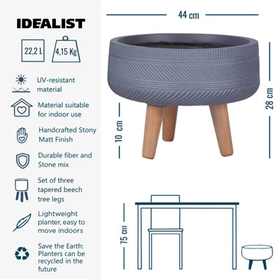 IDEALIST™ (Dia) 40cm Grey Reinforced Stone Flower Pot, Striped Bowl Planter on Wooden Legs, Large Indoor Plant Pot D40 H28 cm, 22L