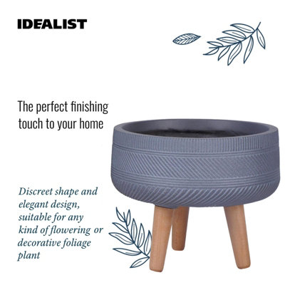 IDEALIST™ (Dia) 40cm Grey Reinforced Stone Flower Pot, Striped Bowl Planter on Wooden Legs, Large Indoor Plant Pot D40 H28 cm, 22L