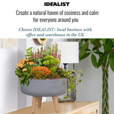 IDEALIST™ (Dia) 40cm Grey Reinforced Stone Flower Pot, Striped Bowl Planter on Wooden Legs, Large Indoor Plant Pot D40 H28 cm, 22L