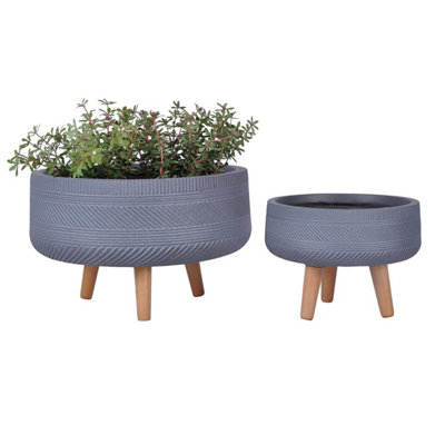 IDEALIST™ (Dia) 40cm Grey Reinforced Stone Flower Pot, Striped Bowl Planter on Wooden Legs, Large Indoor Plant Pot D40 H28 cm, 22L
