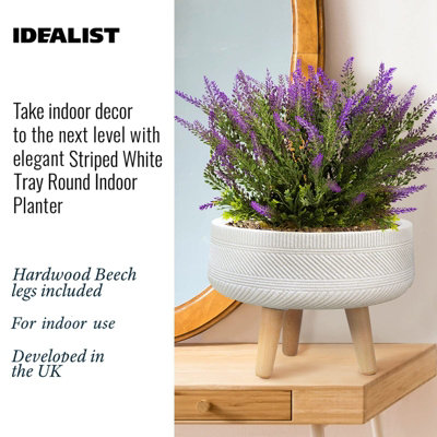 IDEALIST (Dia) 44 cm Indoor Round Planter with Legs, Striped White Stone Effect Plant Pot Stand for Indoor Plants D44 H28 cm, 22L