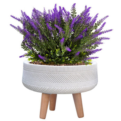 IDEALIST (Dia) 44 cm Indoor Round Planter with Legs, Striped White Stone Effect Plant Pot Stand for Indoor Plants D44 H28 cm, 22L