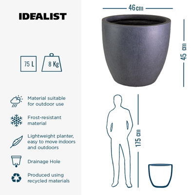 IDEALIST™ (Dia) 46cm Egg Round Planter, Dark Grey Reinforced Stone Garden Planter, Outdoor Plant Pot for Trees D46 H45 cm, 75L