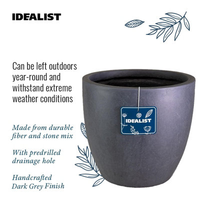 IDEALIST™ (Dia) 46cm Egg Round Planter, Dark Grey Reinforced Stone Garden Planter, Outdoor Plant Pot for Trees D46 H45 cm, 75L