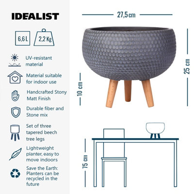 IDEALIST™ (Dia) 9.1 Inch Grey Reinforced Stone Flower Pot, Bowl Planter on Legs, Shallow Indoor Plant Pot D23 H25 cm, 7L