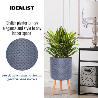 IDEALIST Dotted Style Grey Cylinder Planter with Legs, Round Indoor Plant Pot Stand for Indoor Plants D37.5 H62 cm, 32.7L