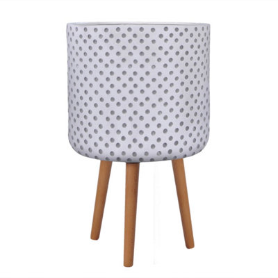 IDEALIST Dotted Style White Cylinder Planter with Legs, Round Indoor Plant Pot Stand for Indoor Plants D37.5 H62 cm, 32.7L
