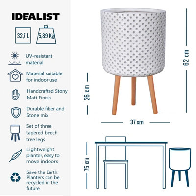IDEALIST Dotted Style White Cylinder Planter with Legs, Round Indoor Plant Pot Stand for Indoor Plants D37.5 H62 cm, 32.7L