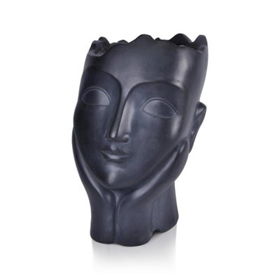 IDEALIST Face Planter, Black Stone Effect Flower Pot, Indoor & Outdoor Head Plant Pot L27 W21 H34.5 cm, 10.2L