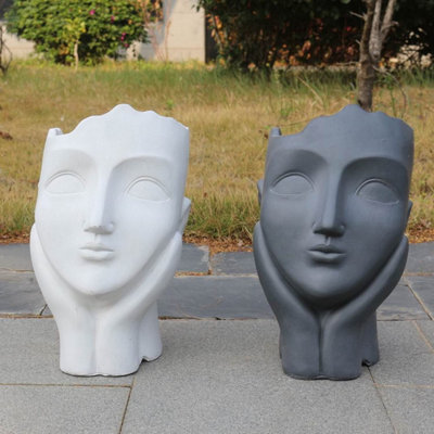 IDEALIST FACE PLANTER, WHITE REINFORCED STONE FLOWER POT, INDOOR & OUTDOOR HEAD  PLANT POT L27