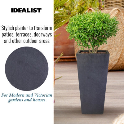IDEALIST Faux Lead Dark Grey Light Concrete Garden Tall Planter, Outdoor Plant Pot with Tapered Shape H38.5 L18.5 W18.5 cm, 13L