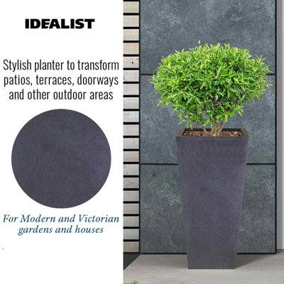 IDEALIST Faux Lead Dark Grey Light Concrete Garden Tall Planter, Outdoor Plant Pot with Tapered Shape H50.5 L24.5 W24.5 cm, 30L