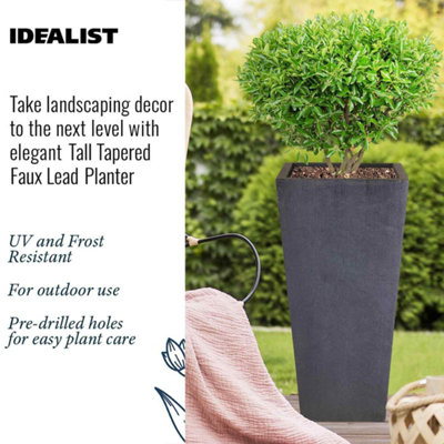 IDEALIST Faux Lead Dark Grey Light Concrete Garden Tall Planter, Outdoor Plant Pot with Tapered Shape H65 L32 W32 cm, 67L