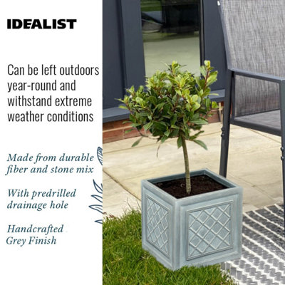 IDEALIST Faux Lead Lattice Flower Box Square Garden Planter, Grey Light Stone Outdoor Plant Pot W22 H22 L22 cm, 13L