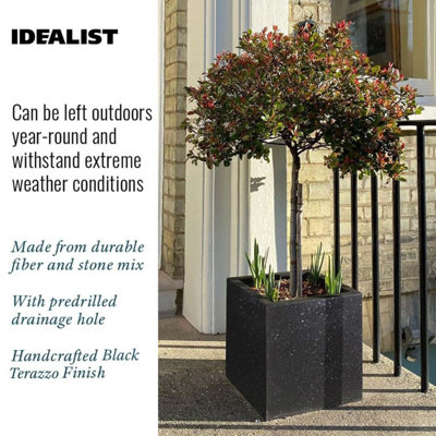 IDEALIST Flower Box Square Garden Planter, Black Terazzo Light Concrete Outdoor Plant Pot H30 L30 W30 cm, 28L