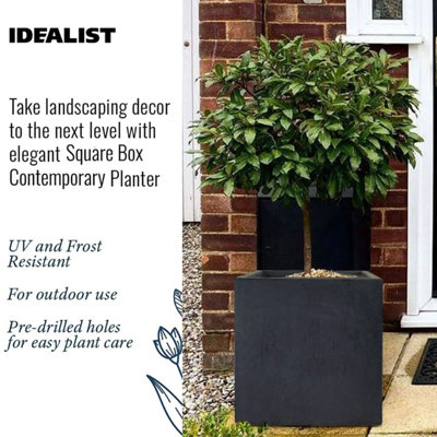 IDEALIST Flower Box Square Garden Planter, Faux Lead Dark Grey Light Concrete Outdoor Large Plant Pot H50 L50 W50 cm, 126L