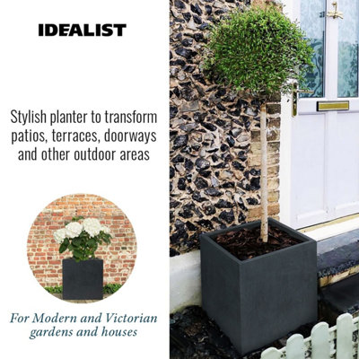 IDEALIST Flower Box Square Garden Planter, Faux Lead Dark Grey Light Concrete Outdoor Large Plant Pot H60 L60 W60 cm, 195L