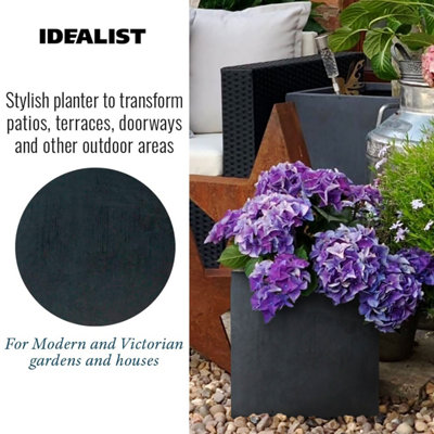 IDEALIST Flower Box Square Garden Planter, Faux Lead Dark Grey Light Concrete Outdoor Plant Pot H30 L30 W30 cm, 27L