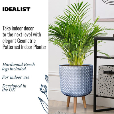 IDEALIST Geometric Patterned Grey Cylinder Planter with Legs, Round Indoor Plant Pot Stand for Indoor Plants D31 H44 cm, 17.8L