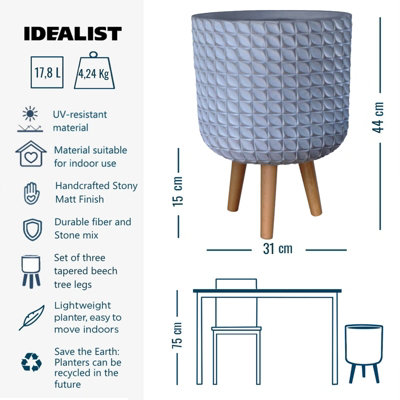 IDEALIST Geometric Patterned Grey Cylinder Planter with Legs, Round Indoor Plant Pot Stand for Indoor Plants D31 H44 cm, 17.8L