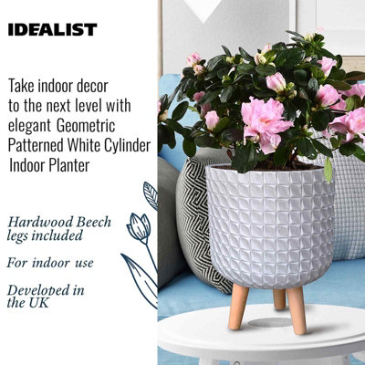 IDEALIST Geometric Patterned White Cylinder Planter with Legs, Round Indoor Plant Pot Stand for Indoor Plants D25 H34 cm, 9.1L