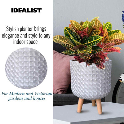 IDEALIST Geometric Patterned White Cylinder Planter with Legs, Round Indoor Plant Pot Stand for Indoor Plants D25 H34 cm, 9.1L