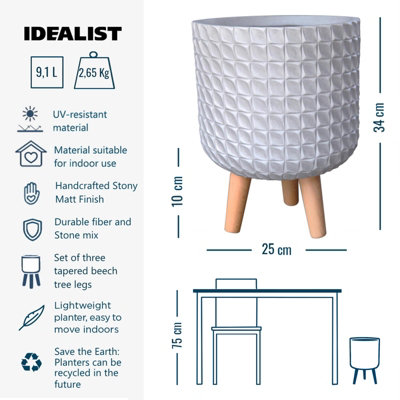 IDEALIST Geometric Patterned White Cylinder Planter with Legs, Round Indoor Plant Pot Stand for Indoor Plants D25 H34 cm, 9.1L
