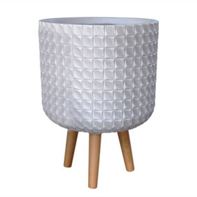 IDEALIST Geometric Patterned White Cylinder Planter with Legs, Round Indoor Plant Pot Stand for Indoor Plants D31 H44 cm, 17.8L
