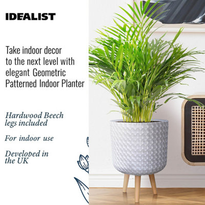 IDEALIST Geometric Patterned White Cylinder Planter with Legs, Round Indoor Plant Pot Stand for Indoor Plants D31 H44 cm, 17.8L