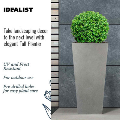 IDEALIST Grey Light Concrete Garden Tall Planter, Outdoor Plant Pot with Tapered Shape H65 L32 W32 cm, 67L