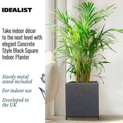 IDEALIST Hammered Stone Style Black Square Indoor Planter on Metal Stand H42 L37 W37 cm, 42.9L