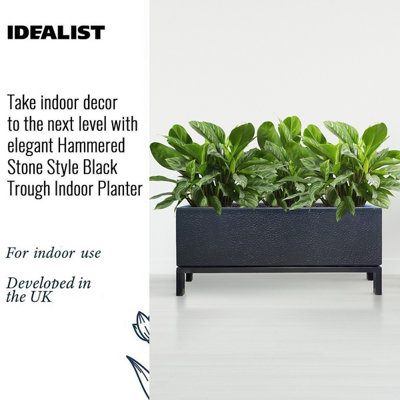 IDEALIST Hammered Stone Style Black Trough Indoor Planter on Metal Stand H26 L65 W21 cm, 22.7L